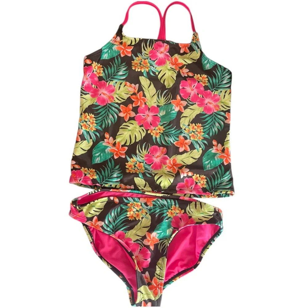Wonder Nation Girls Tankini Two Piece Tropical‎ Swimsuit Size L 10/12